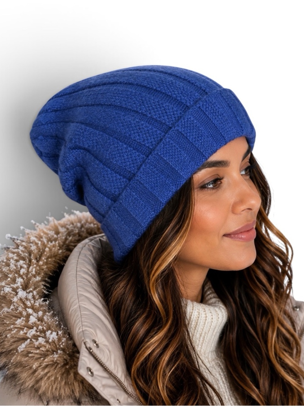 Nordstrom Wool Cashmere Textured Knit Slouchy Beanie Blue One Size NWOT